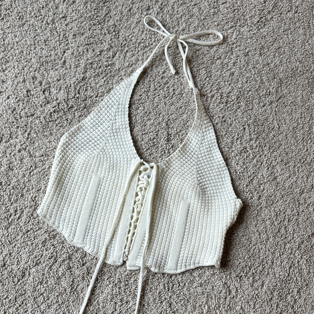 12th Tribe Cream Crochet Halter Lace-Up Crop Top